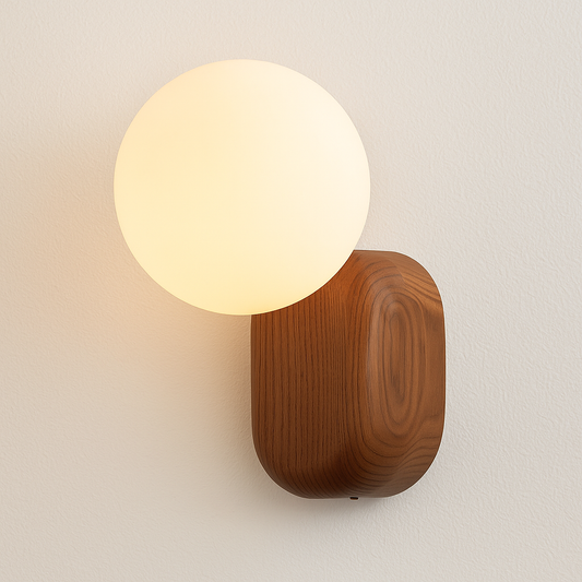 Luminária Arandela Moderna Minimalista Rústica Madeira Globo Bola Vidro Voltti