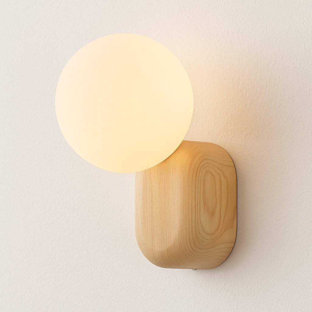 Luminária Arandela Moderna Minimalista Rústica Madeira Globo Bola Vidro Voltti