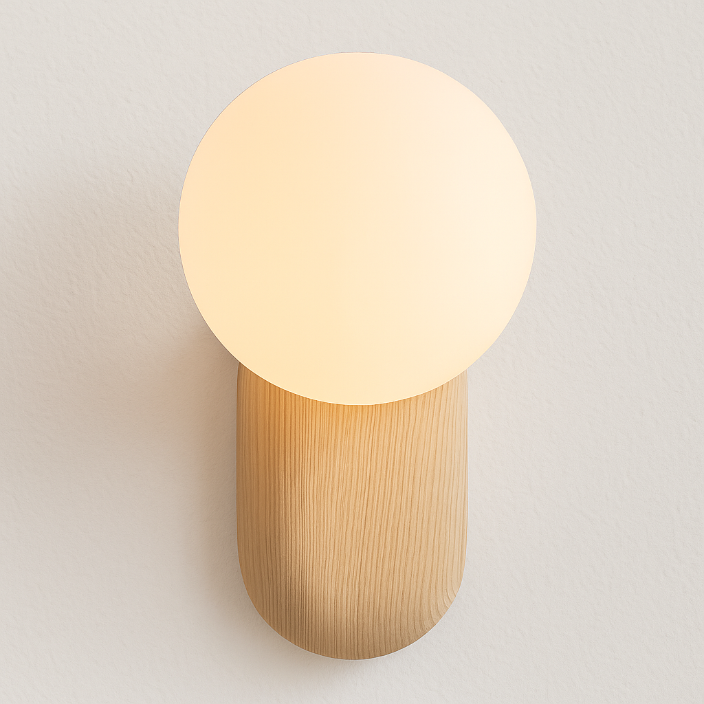 Luminária Arandela Moderna Minimalista Rústica Madeira Globo Bola Vidro Voltti