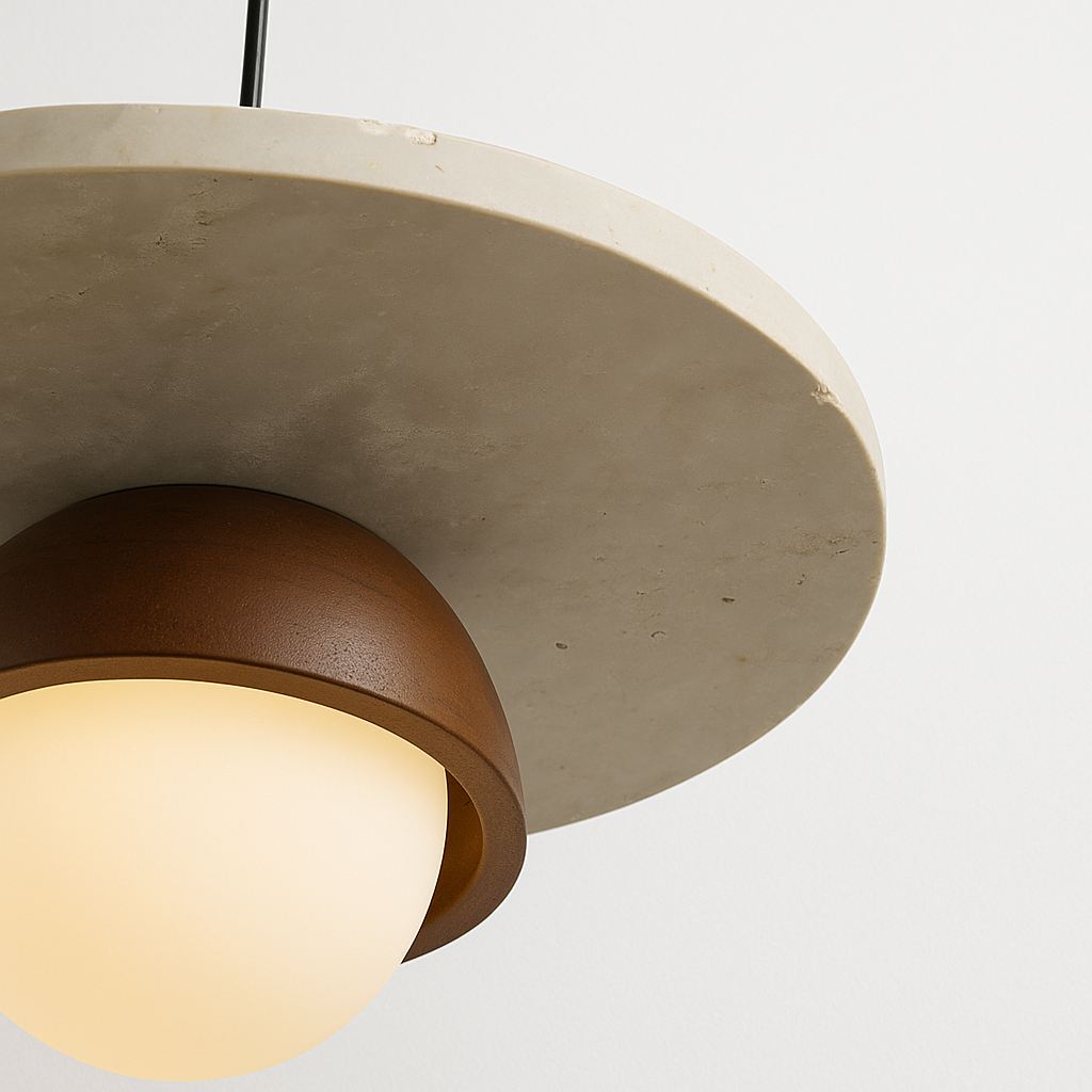 Luminária Pendente Moderna Minimalista Mármore Travertino Madeira Globo Bryan