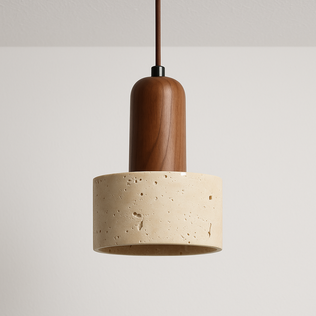 Luminária Pendente Moderna Minimalista Madeira Mármore Travertino Lysa