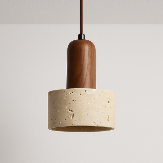 Luminária Pendente Moderna Minimalista Madeira Mármore Travertino Lysa