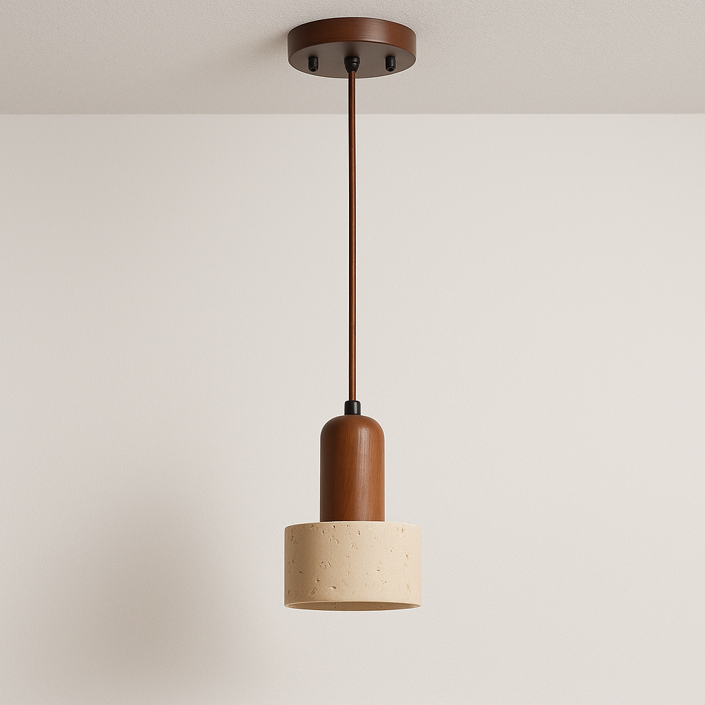 Luminária Pendente Moderna Minimalista Madeira Mármore Travertino Lysa