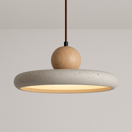 Luminária Pendente Moderna Minimalista Redondo Madeira Mármore Travertino Veko