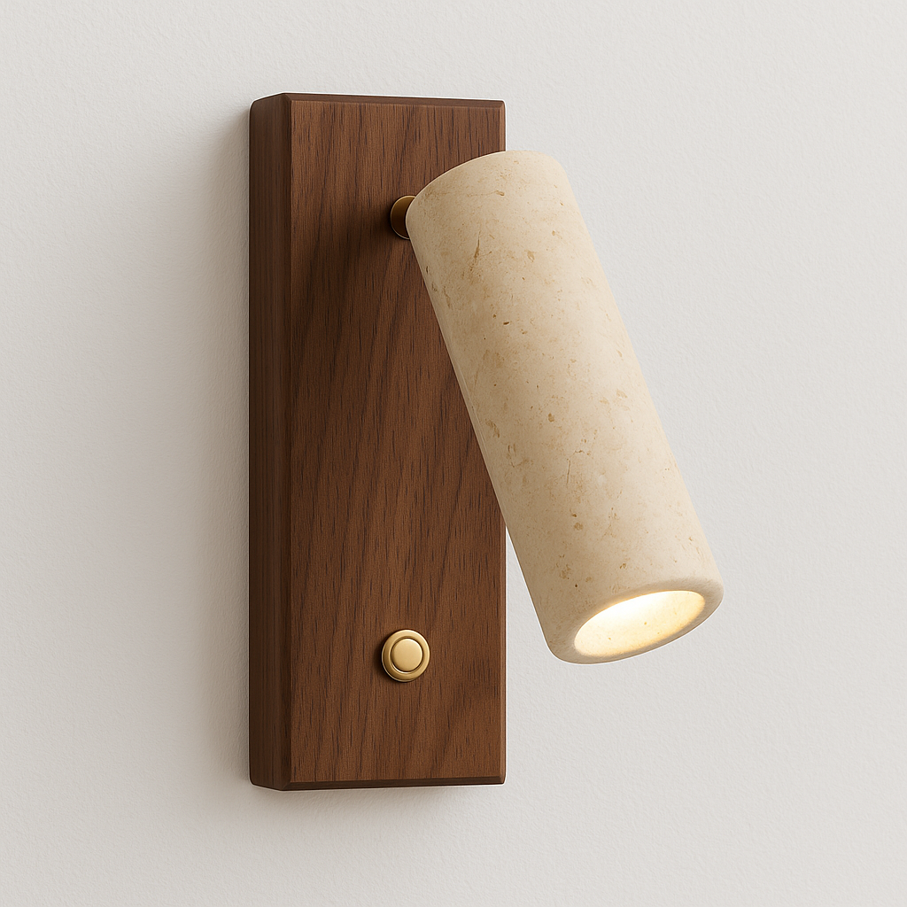 Luminária Arandela Moderna Minimalista Articulada Mármore Travertino Madeira Symon