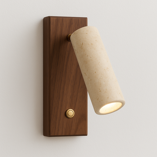 Luminária Arandela Moderna Minimalista Articulada Mármore Travertino Madeira Symon