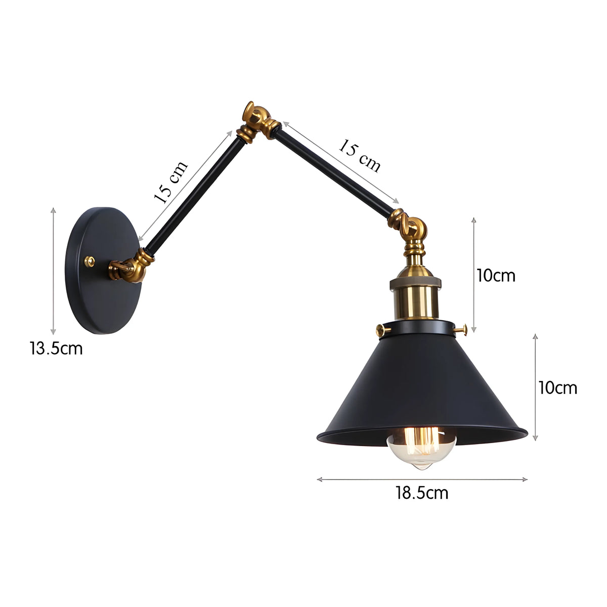 Luminária Arandela Moderna Industrial Retrô Articulada Metal Liorah - 30cm / Preto e Dourado