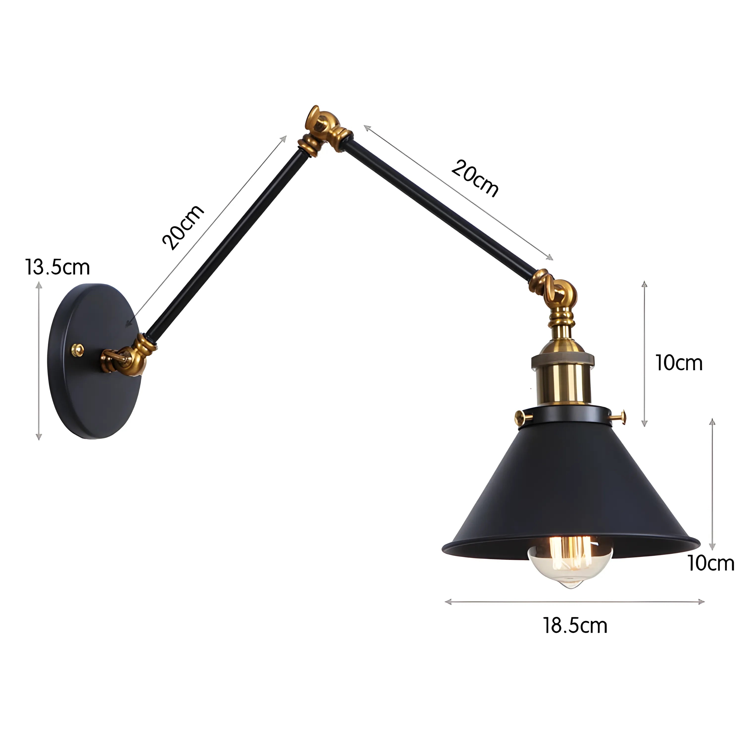 Luminária Arandela Moderna Industrial Retrô Articulada Metal Liorah - 40cm / Preto e Dourado