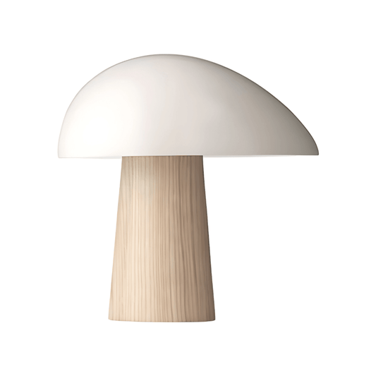 Luminária de Mesa Moderna Minimalista LED Mushroom - Branco e Madeira / Ø32cm x 32cm / Branco Quente (3000K)