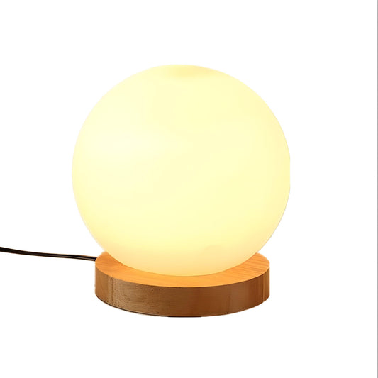 Luminária de Mesa Moderna Minimalista Madeira Globo Vidro Hue - Madeira e Branco / Redondo / Ø15x17cm