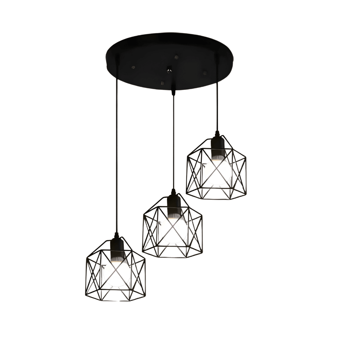 Luminária Pendente Moderna Industrial Retrô Aramado Diamond - Redondo / Ø30cm / 3 lâmpadas / Preto