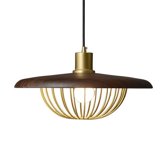 Luminária Pendente Moderna Minimalista Madeira Metal Perth - Madeira e Dourado