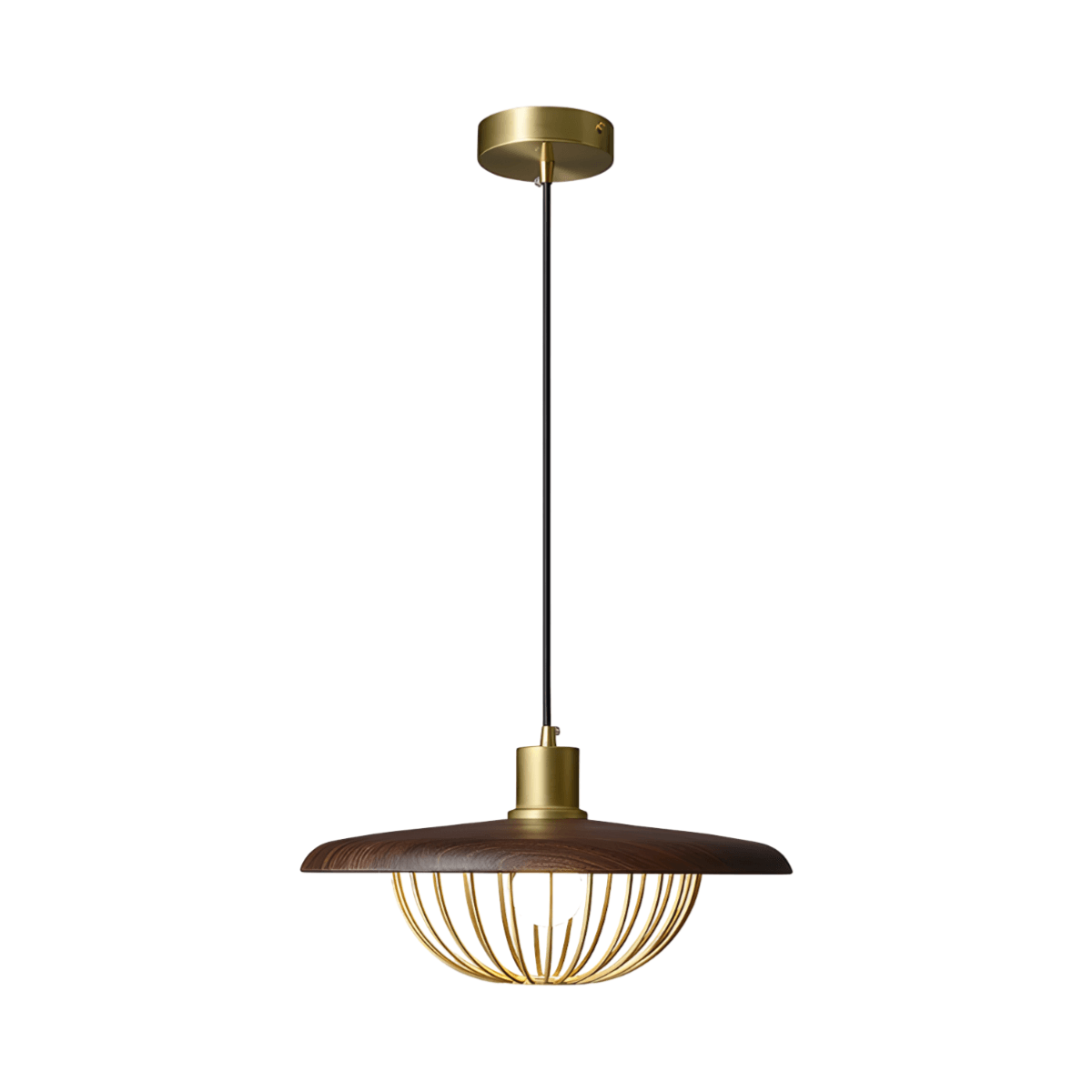 Luminária Pendente Moderna Minimalista Madeira Metal Perth - Madeira e Dourado