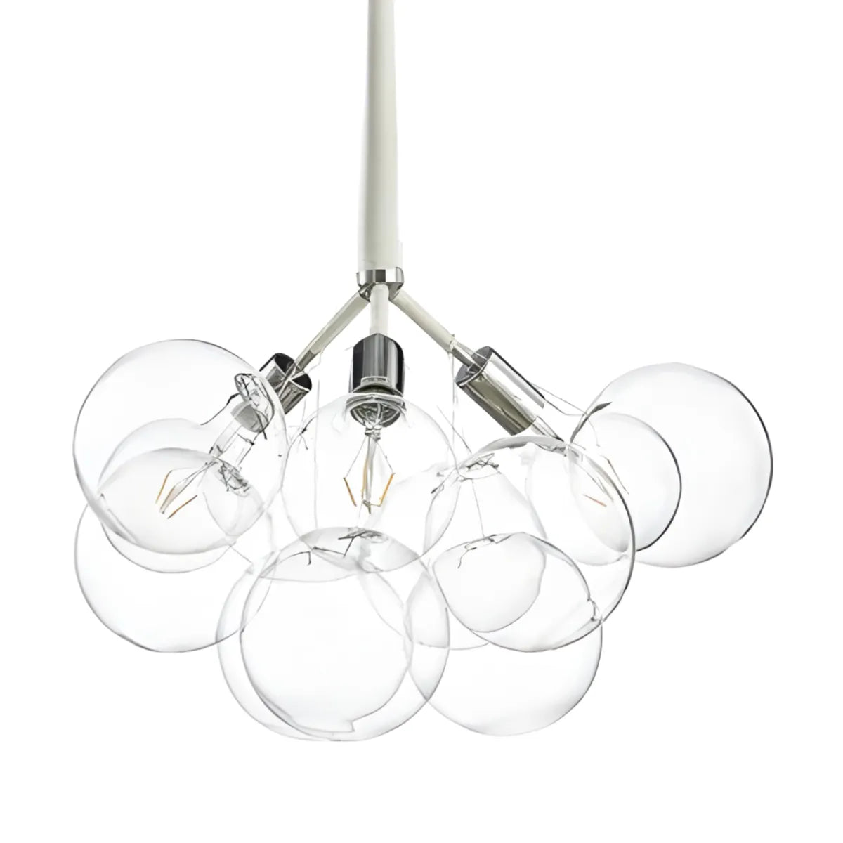 Luminária Pendente Moderno Clássico Globo Bolas Vidro Metal Netun - Branco e Prata / Ø50cm