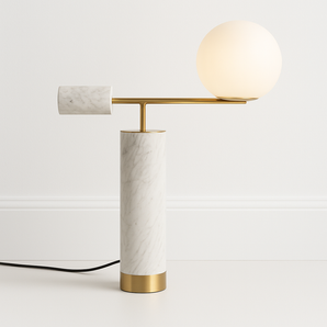 Luminária de Mesa Moderna Minimalista Globo de Vidro e Mármore Crucy - Branco / Único / Branco Quente (3000K) - ORNE™