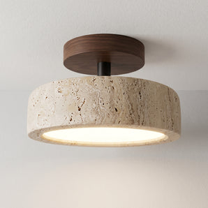 Luminária de Teto Plafon Sobrepor Redondo Clássico Moderno Mármore Travertino Madeira Nogueira LED Gardênia — ORNE