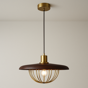 Luminária Pendente Moderna Minimalista Madeira Metal Perth - Madeira e Dourado - ORNE™