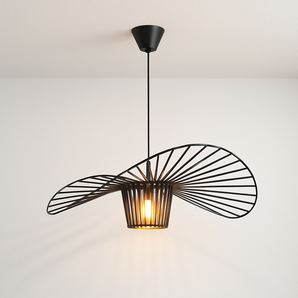 Luminária Pendente Moderna Minimalista Metal Couro Umbrella - Preto / Ø80cm / Branco Quente (3000K) - ORNE™