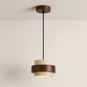 Luminária Pendente Moderna Minimalista LED Mármore Madeira Porgme - Mármore Travertino e Madeira / Branco Quente (3000K) - ORNE™